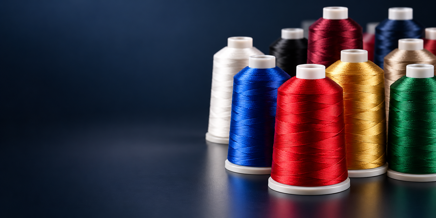 Rows of colourful embroidery thread spools